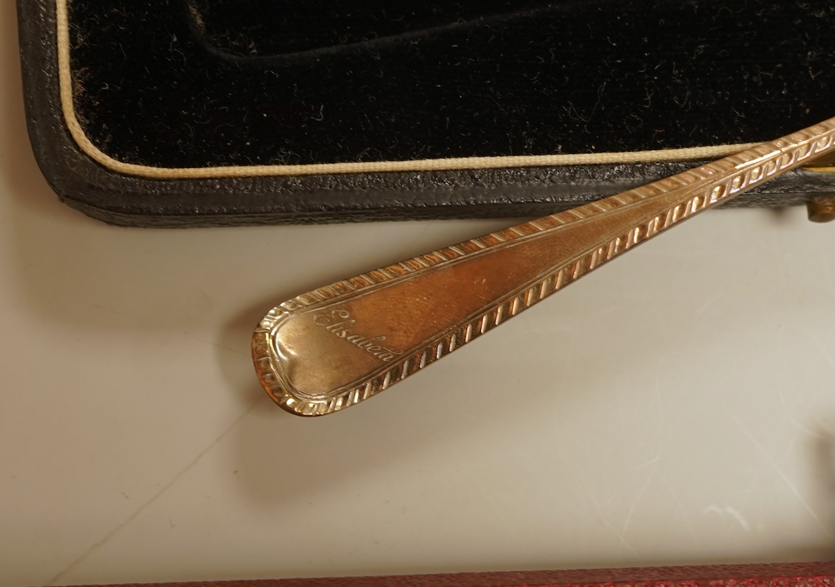 A cased set of six late Victorian silver teaspoons and matching sugar tongs, Miller Bros. Birmingham, 1900, together with three cased silver christening pairs.